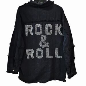 Elan Rock & Roll Rhinestone Distressed Denim Jacket Shacket in Black, Size M